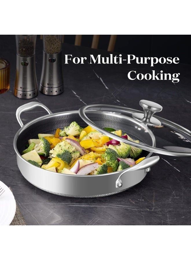 م.ا & ف'س مقلاة سوتيه من الفولاذ المقاوم للصدأ، مقلاة عميقة 30 سم، أواني طهي بغطاء، قدر طهي غير لاصق بتصميم خلية النحل مع مقابض، مقلاة كاداي كبيرة، مقلاة ووك متوافقة مع جميع أنواع المواقد، آمنة للغسل في غسالة الأطباق - Image 2